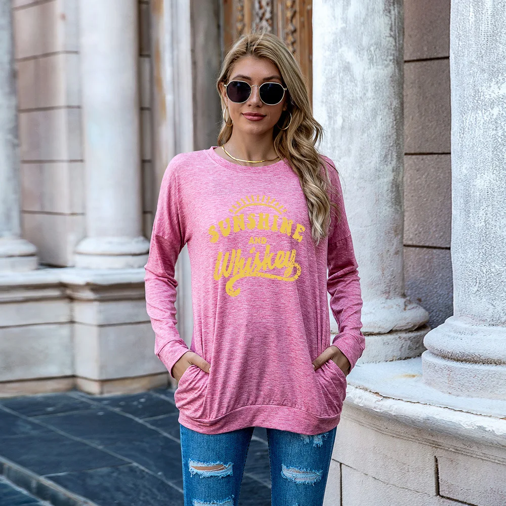 

JFUNCY Sunshine and Whiskey Long Sleeve T Shirt Women's Autumn Pullover Tee Shirts Female Tops Plus Size Woman Casual T-shirt