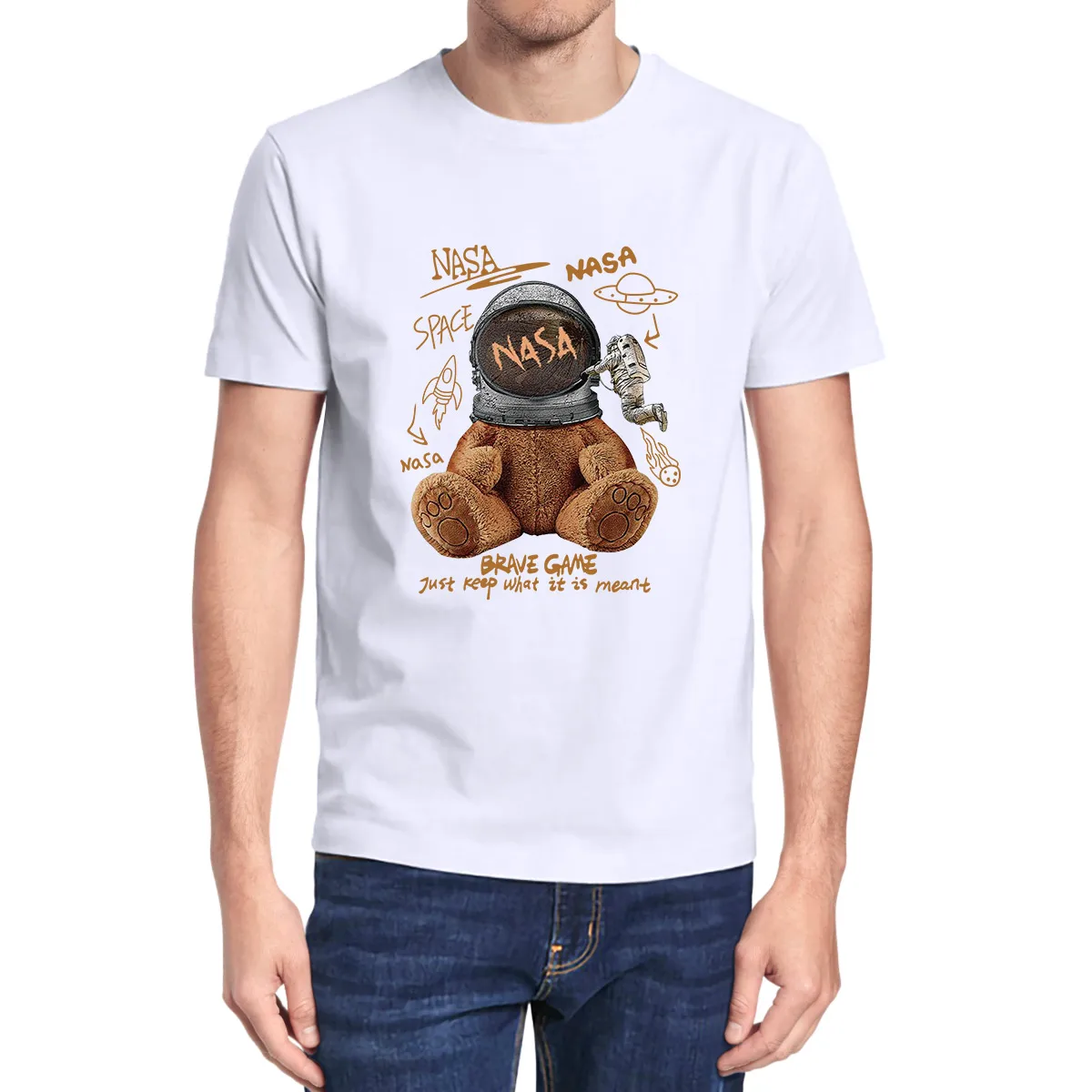 

Toy Bear Shopping Cart Casual Hip Hop Loose Men's Novelty T-Shirt Funny Moon Landing Astronaut Bear Harajuku Cotton Tops Tee