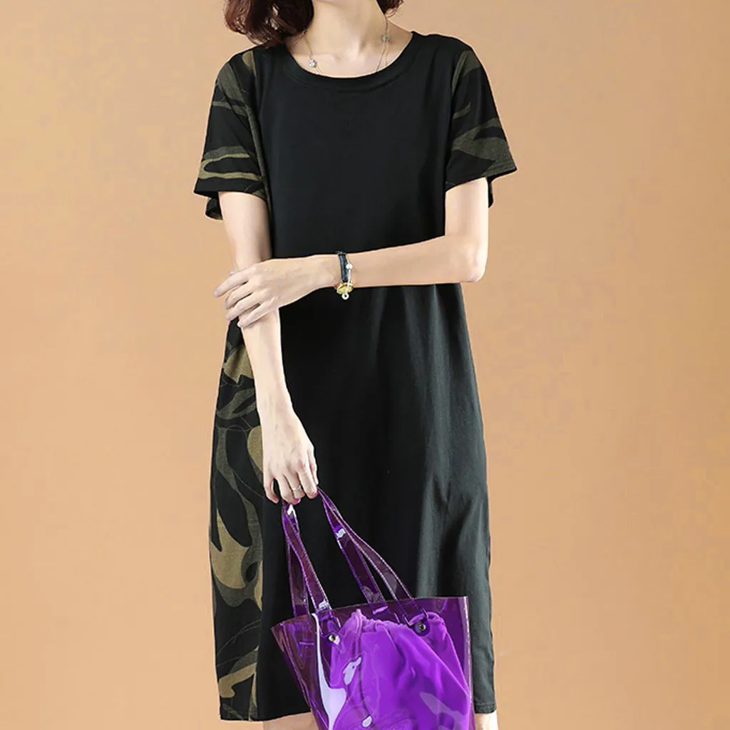 

Women Summer Casual Dress Camouflage Printing Short Sleeve Loose Dresses Korean Mini Plus Size T-shirt Dresses Vestido #463