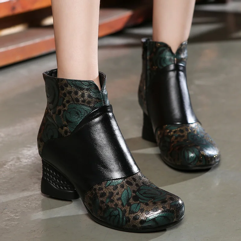 

CEYANEAO female leopard print cotton shoes women national genuine leather boots mother non-slip embroidered winter warm boots