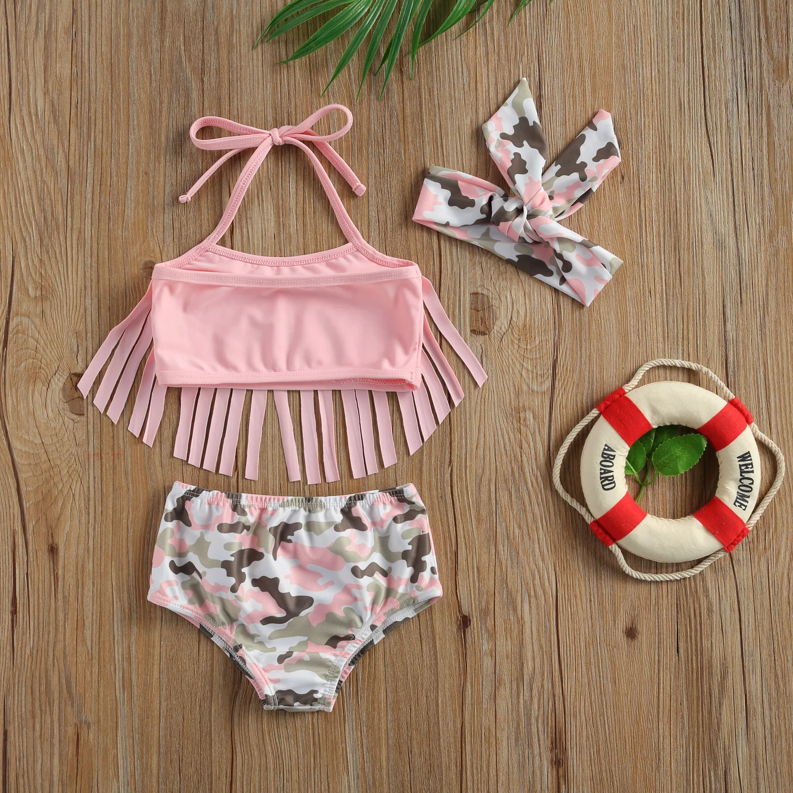 

2020 New 0-3Y Toddler Kid Baby Girl Swimwear 3Pcs Set Sleeveless Tassels Top+Pattern Print Shorts+Headband Swimsuit Beach Summer