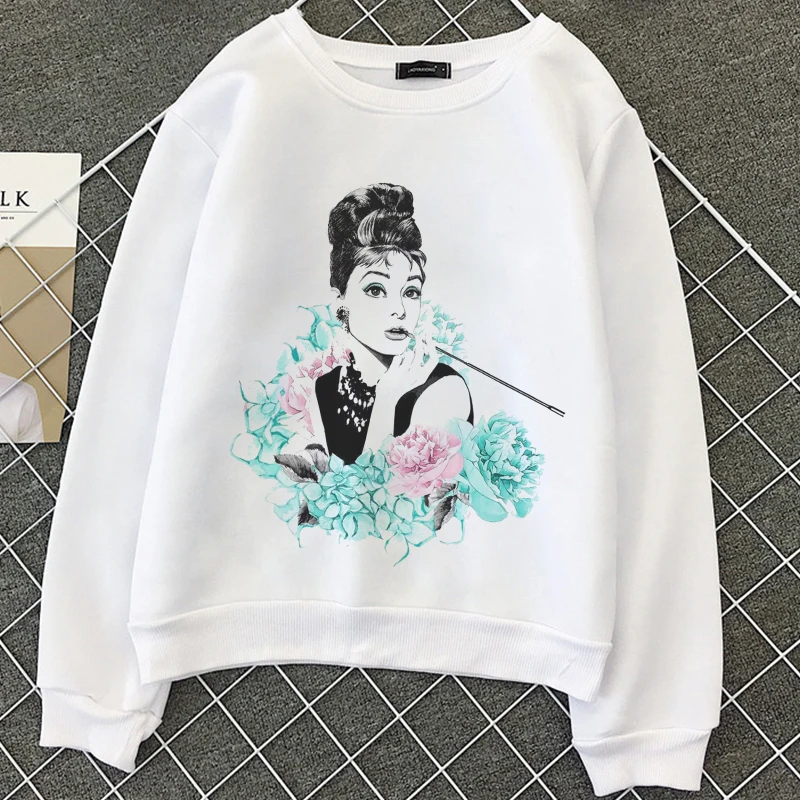 

Audrey Hepburn Graphic Print Hoodie Tee 2020 New Fashion Streetwear Women Hoodies Harajuku Aesthetic Casual White Top Sweatshirt