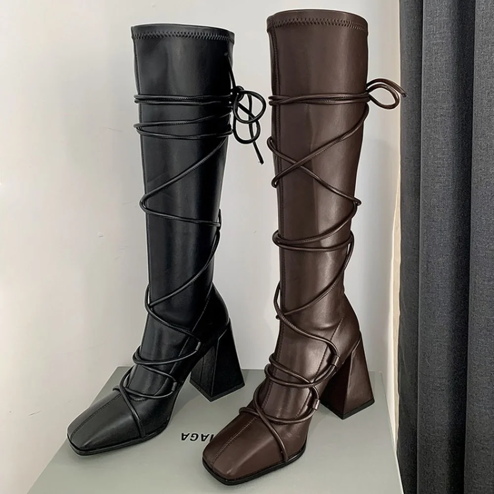 

Womens Genuine Leather Knee Thigh Boots Chunky Heel Lace Up Shoes Stretchy Long Black Punk New 2022 SONDR