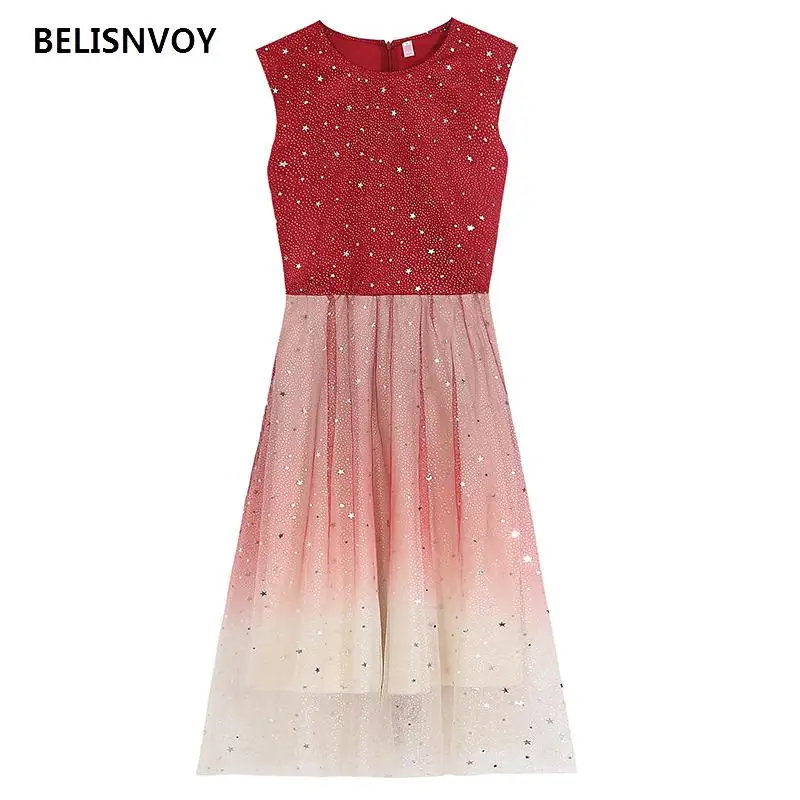 

Summer preppy style sweet Vestidos Women O-neck sleeveless Sundress Mesh Stars Sequined Dress Gradient Tulle Sashes Mini Dresses