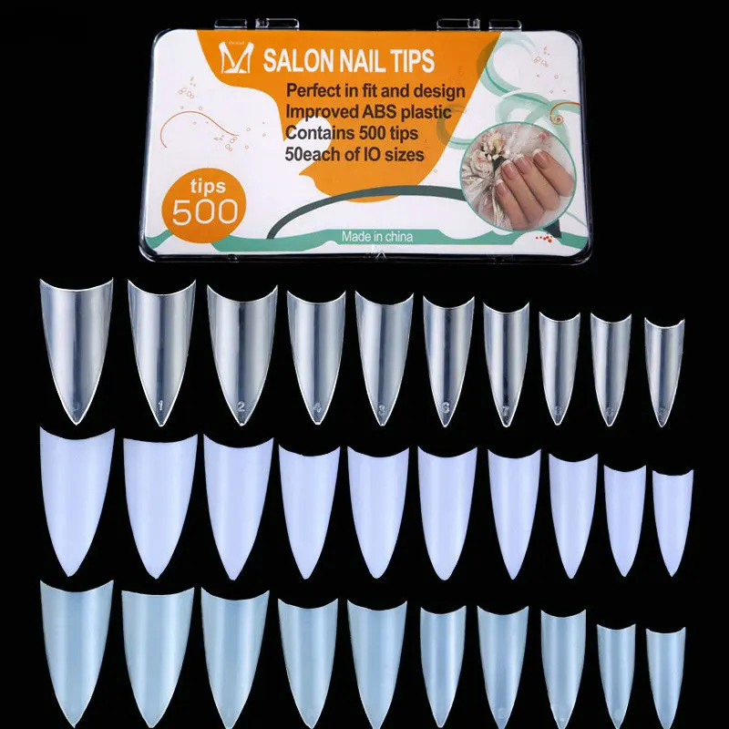 

500pcs/Box Nail Art Salon Pointed False Nails ABS Material Fake Nails Naturally Transparent White Nail Tips