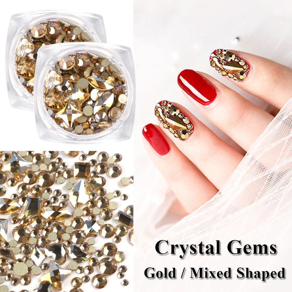 1 Box Mixed Glass 3D Rhinestones For Nail Art Decorations Crystal Gems Jewelry Gold AB Shiny Stones Manicure Accessories LA1607 | Красота и