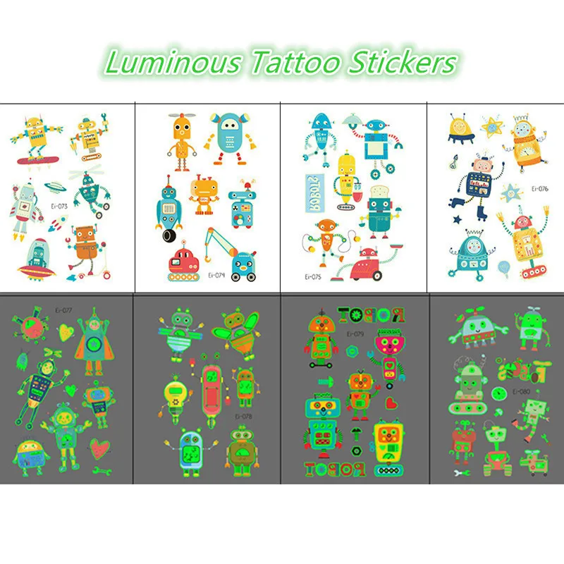 Pegatinas de tatuaje luminosas para ni&ntilde;os, tatuajes de chico falsos temporales que brillan en la cara, brazo, pierna, arte corporal, pegatina de sirena-0