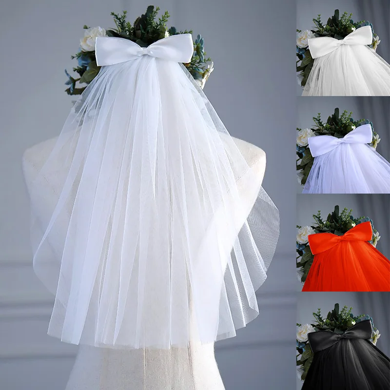 

Тюлевая Фата для свадебного платья, короткая белая с ленточным краем и бантом, с расческой для невесты, аксессуары для свадебной вечеринки