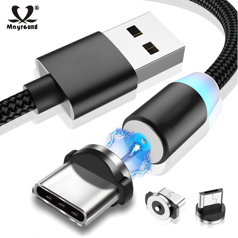 Jetjoy 360 ° Вращающийся Круглый Сильный магнитный светодиодный кабель Micro USB type C для быстрой зарядки нейлоновый Плетеный зарядный кабель для Android iPhone huawei