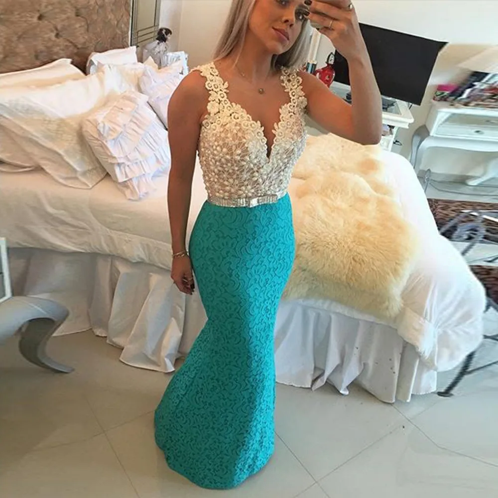 

Robe De Soiree Lace Long Prom V Neck Mermaid Pearls Party Elegant Sexy Open Back Vestido De Festa 2018 bridesmaid dresses