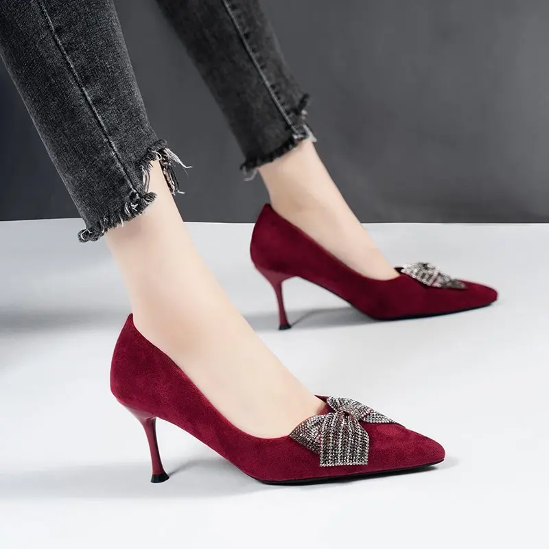 

Red 7CM High Heels Women 2021 Fashion Bow-knot Pumps Buckle Strap Black Comfort Heels Sandal Pointed Toe Office Ladies Shoes
