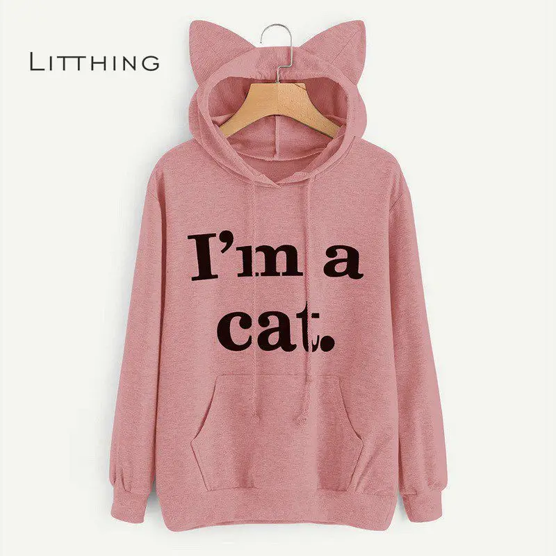 Каваи с надписью Кепка кошачьими ушками толстовки капюшоном для женщин