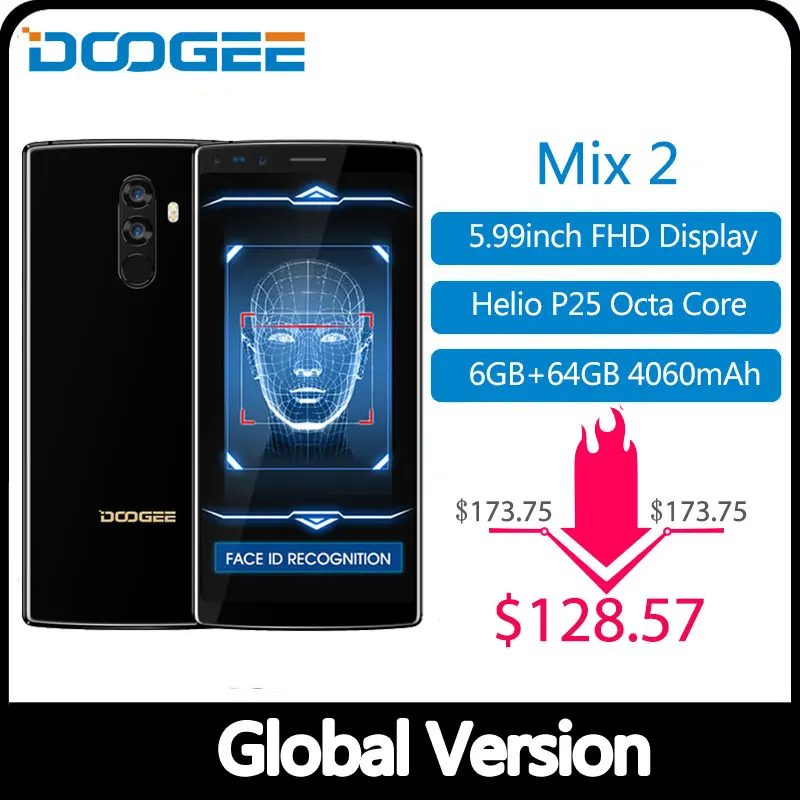 DOOGEE Mix 2 6 ГБ Оперативная память 64 Гб Встроенная память Helio P25 Octa Core 5,99 ''FHD+ безрамочный экран смартфон Quad Камера 16,0+ 13,0 Мп 8,0+ 8,0 Мп Android 7,1 4060 мАч