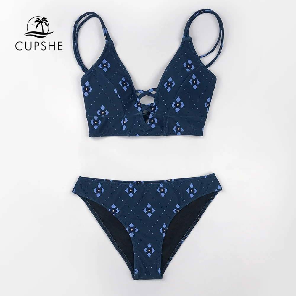 Женский купальник бикини CUPSHE темно синий с принтом ромбиками заниженной талией