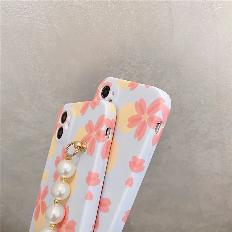 

Pearl wrist bracelet Pink Flowers silicone case For iphone 12 12Pro Max 11 11Pro Max X XR Xs max 7 8Plus SE2020 Protective capa
