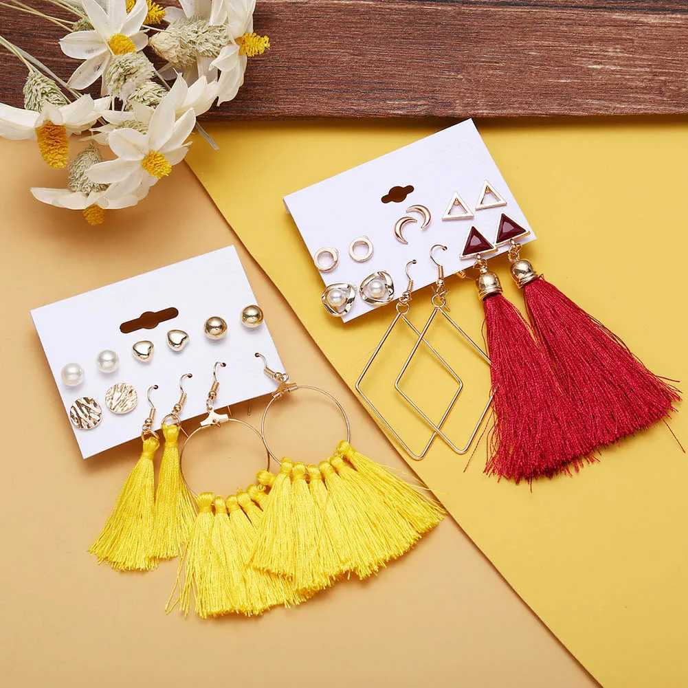 Набор женских серег-колец с кисточками и длинными | Украшения аксессуары