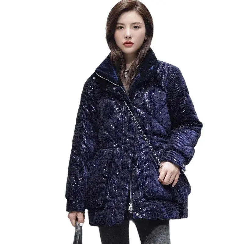 

New Sequins Down Jacket Women Long Parka Overcoat Autumn Winter Fashion Korean Jacket Casual Warm 90% White Duck Down Outerwear