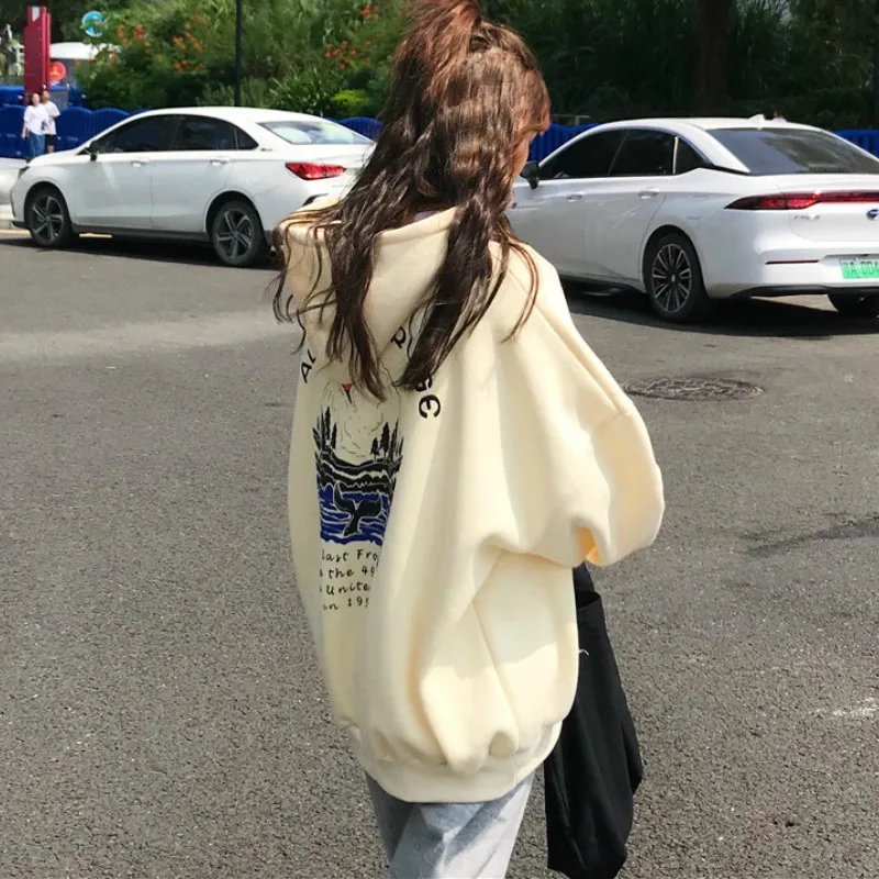 

Hoodies Women thickening printed pullovers korean style student designer trendy loose outwear casual hooded females autumn chic