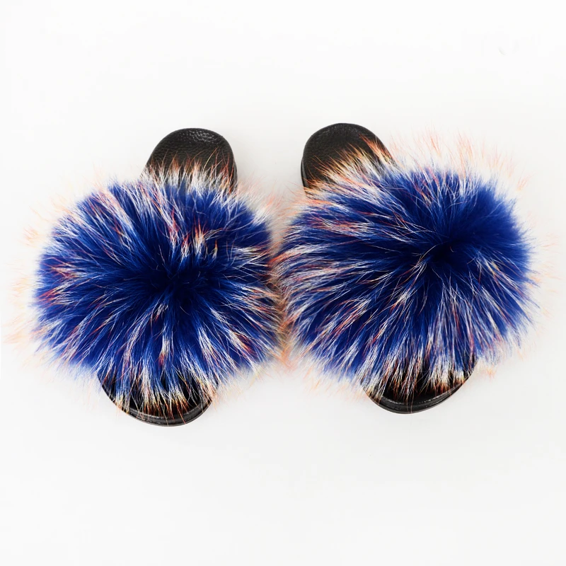 

2021 New Women's Real Raccoon Fur Slippers Summer Natural Raccoon Fur Plus Size Solid Color Furry Cute Indoor Sandals TX46