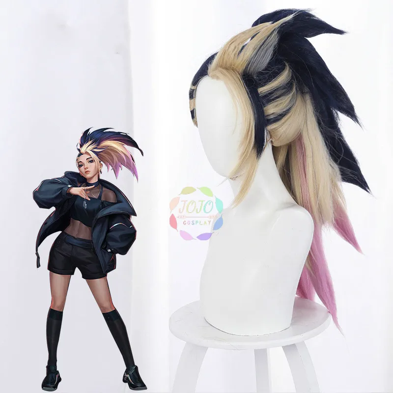 

LOL KDA The Baddest Akali Mixed Color Ponytail Long Role Play Heat Resistant Synthetic Hair Halloween Party Cosplay + Wig Cap