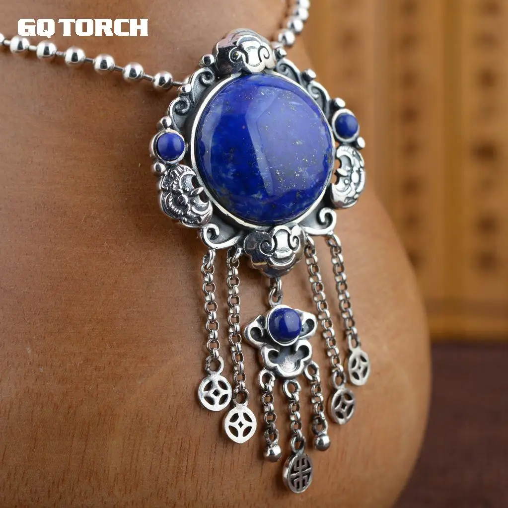 

GQTORCH Natural Lapis Lazuli Pendant 925 Sterling Silver Tassel Pendant Hollow Flower Design Old Chinese Coins Shape