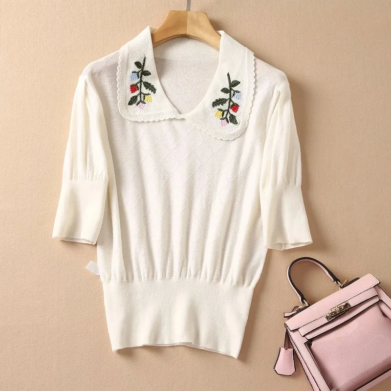 2021 Autumn Fashion Knitted Sweater High Quality Women Turn-down Collar Floral Embroidery Deco Half Sleeve Casual White Jumpers