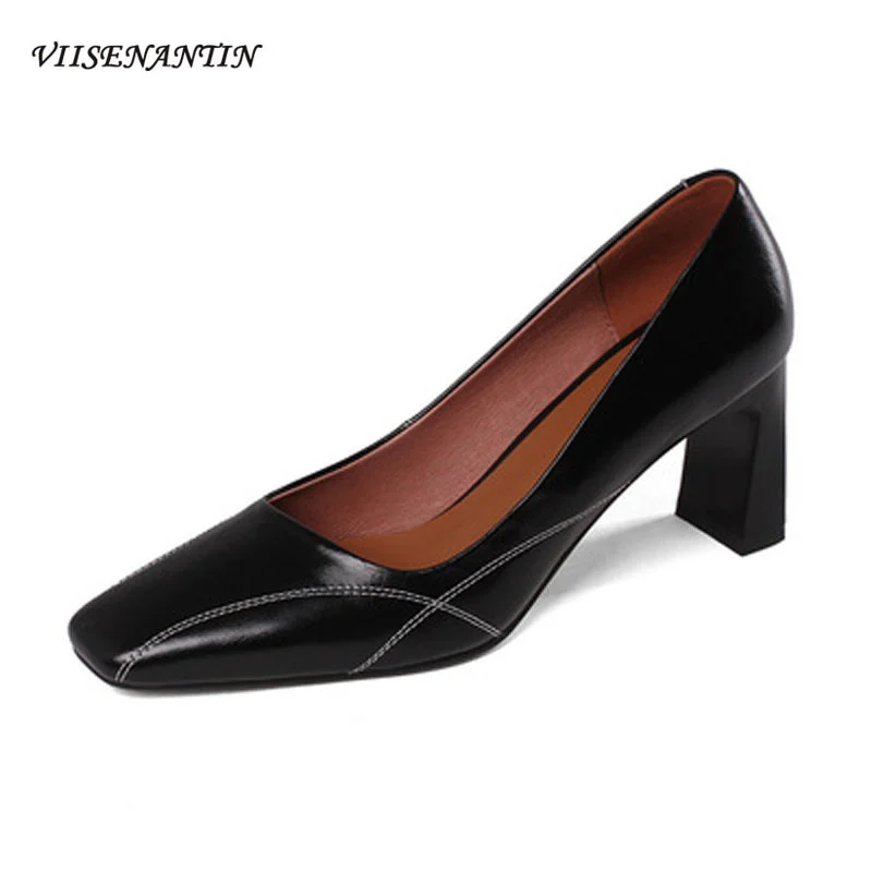 

Туфли с квадратным носком в стиле ретро, кожаные, с прострочкой, с открытым носком, на толстом каблуке, для осени