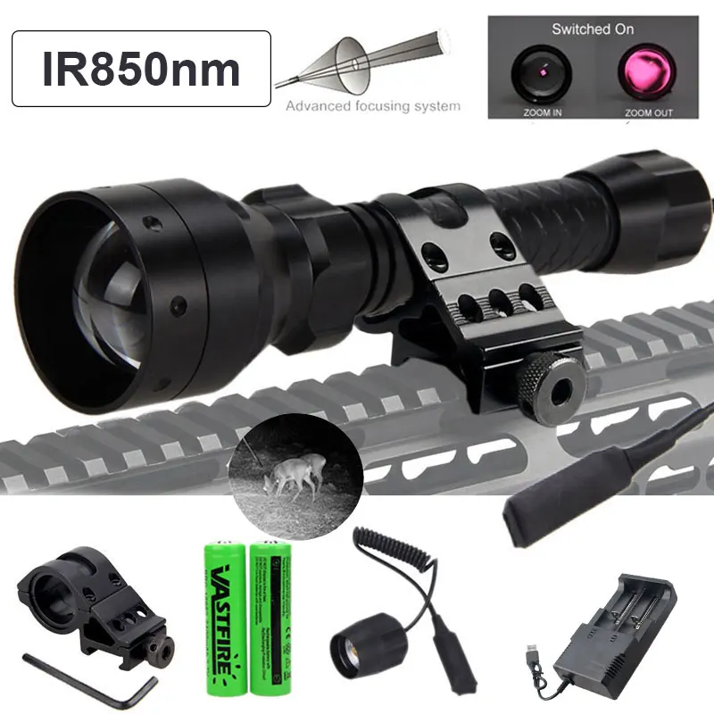 

Zoomable Adjustable IR 850nm/940nm Infrared Light Hunting Flashlight Black Night Vision Torch+18650 Battery+Rifle Scope Mount
