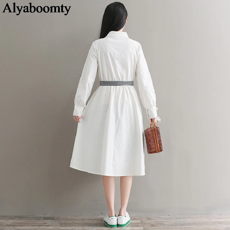 

Japanese Preppy Style Women White Dress Turn-Down Collar Cotton Elegant Mujer Vestidos Long Sleeve Plaid Bow Sweet Girl's Dress