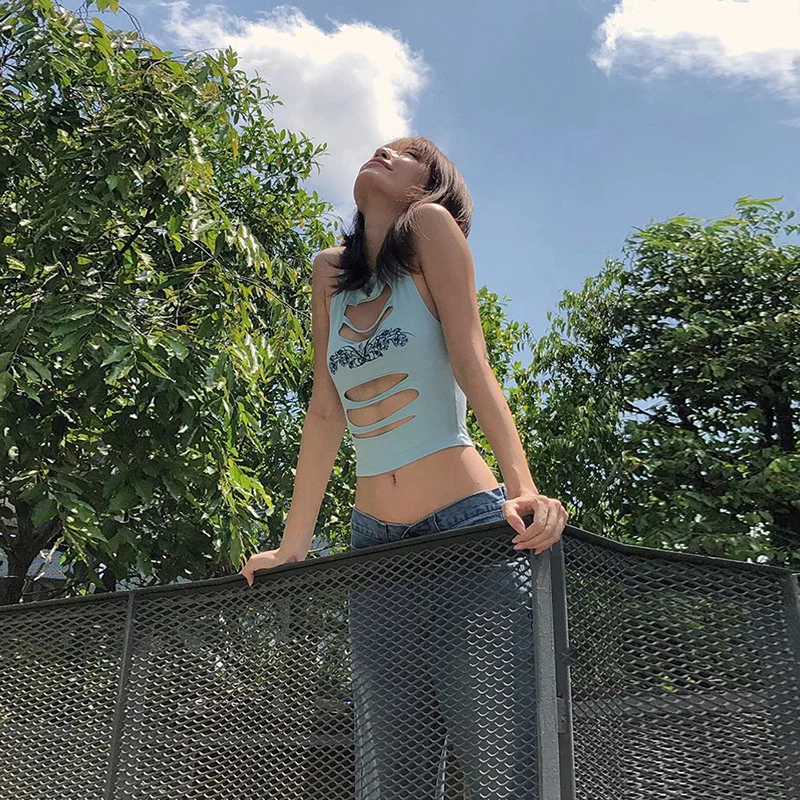

Sweet Flower Print Hollow Out Tank Tops Sleeveless O Neck Slim Backless Slim Vest Casual Streetwear Summer Fashion 2021 New