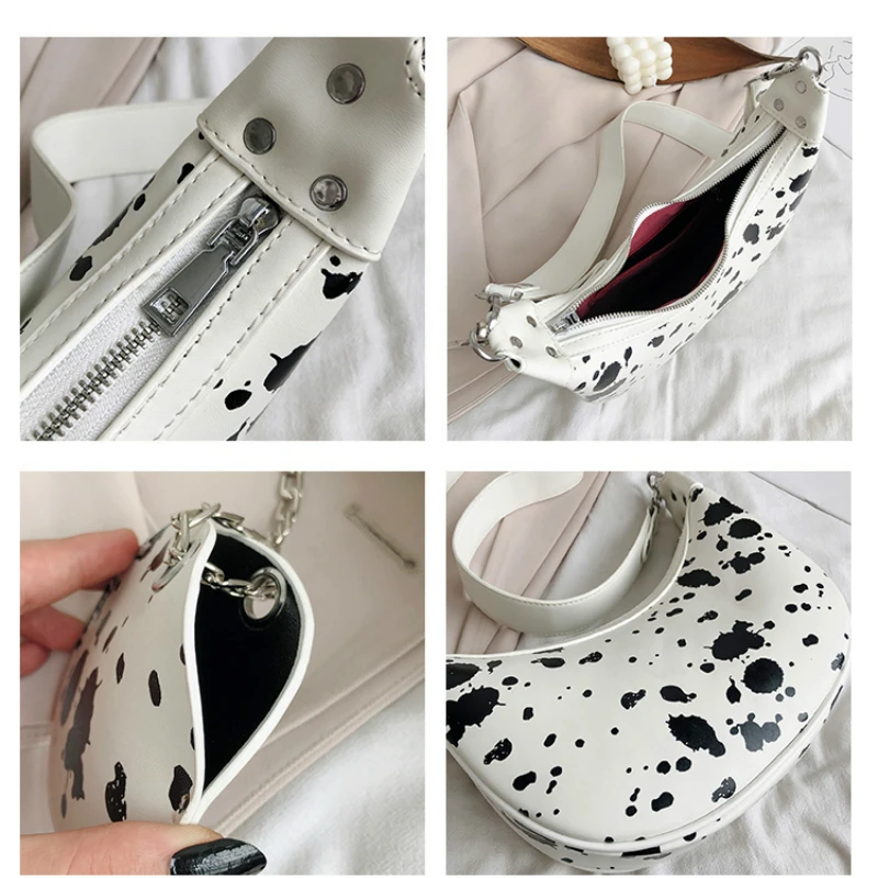 

Women Cute Cow milk Half Moon Design Small PU Leather 2020 Luxury Color Shoulder Handbags Lady Simple Travel Bag black and white