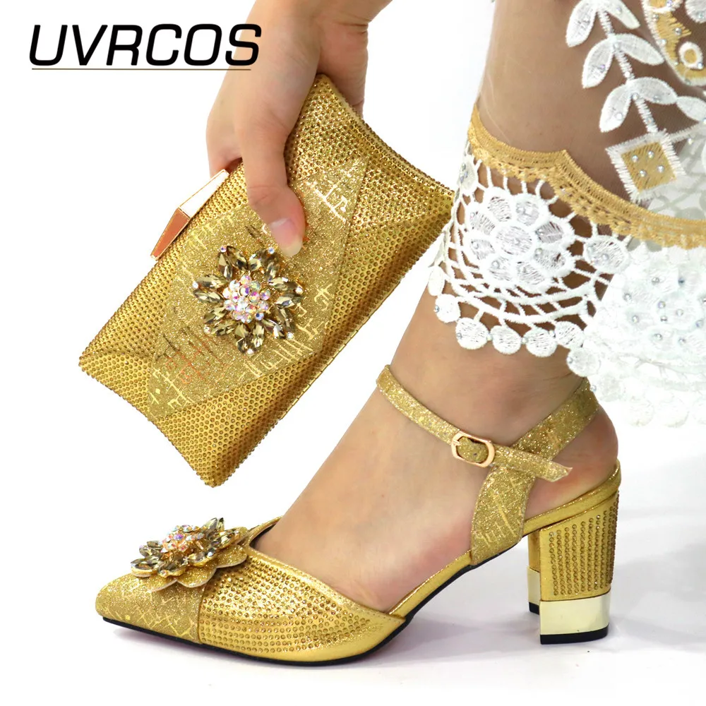 2021 Italian design Match Shoes and Bag Set Golden Color Italy Shoe and Bag Set Decorated with Rhinestone African Women Italian