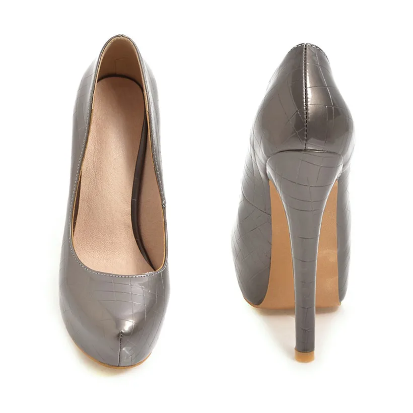 

Big Size Women Platform Pumps 13cm High Heel Round Toe Black Patent Leather Wedding Party Slip-on Lady Height Increased Stiletto