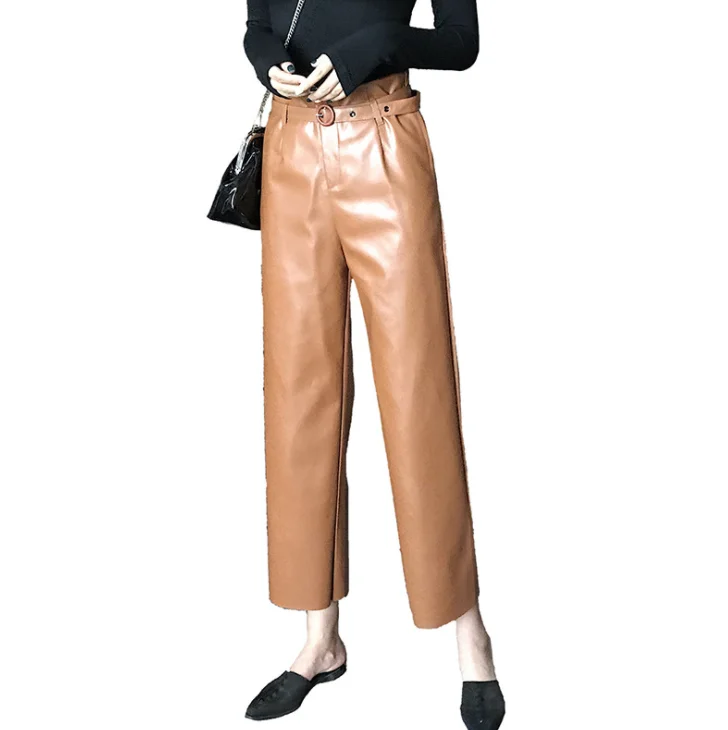 Autumn Faux PU Leather Pants Women With Belt High Waisted Wide Leg Anke-length Women's Trousers 2019 Winter NEW Fashion Clothes |