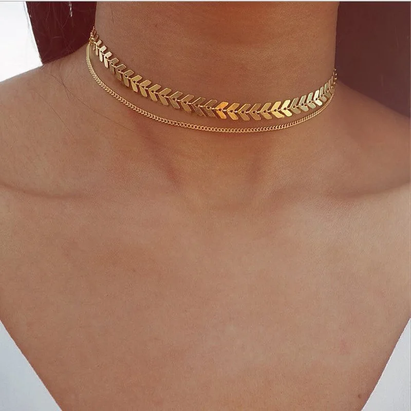 

New 2021 New Fashion Chain Choker Two Layers Necklaces Fishbone Airplane Shape Gold Color Necklace Flat Chain jewelry