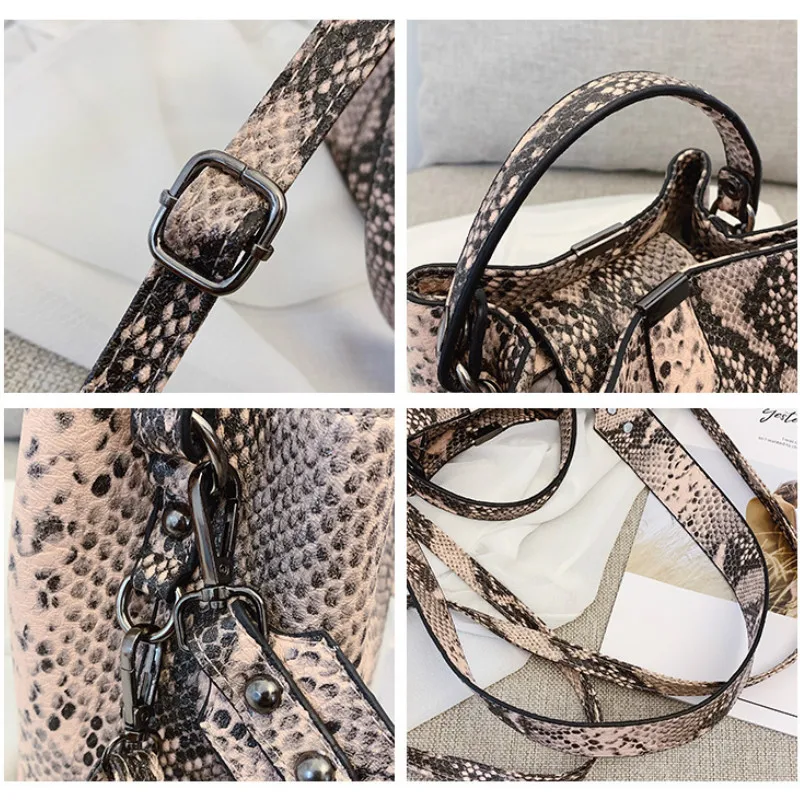 

Women Bucket Bag Snake Female Messenger Bags PU Leather Wide Strap Female Shoulder Bags Ladies Handbags