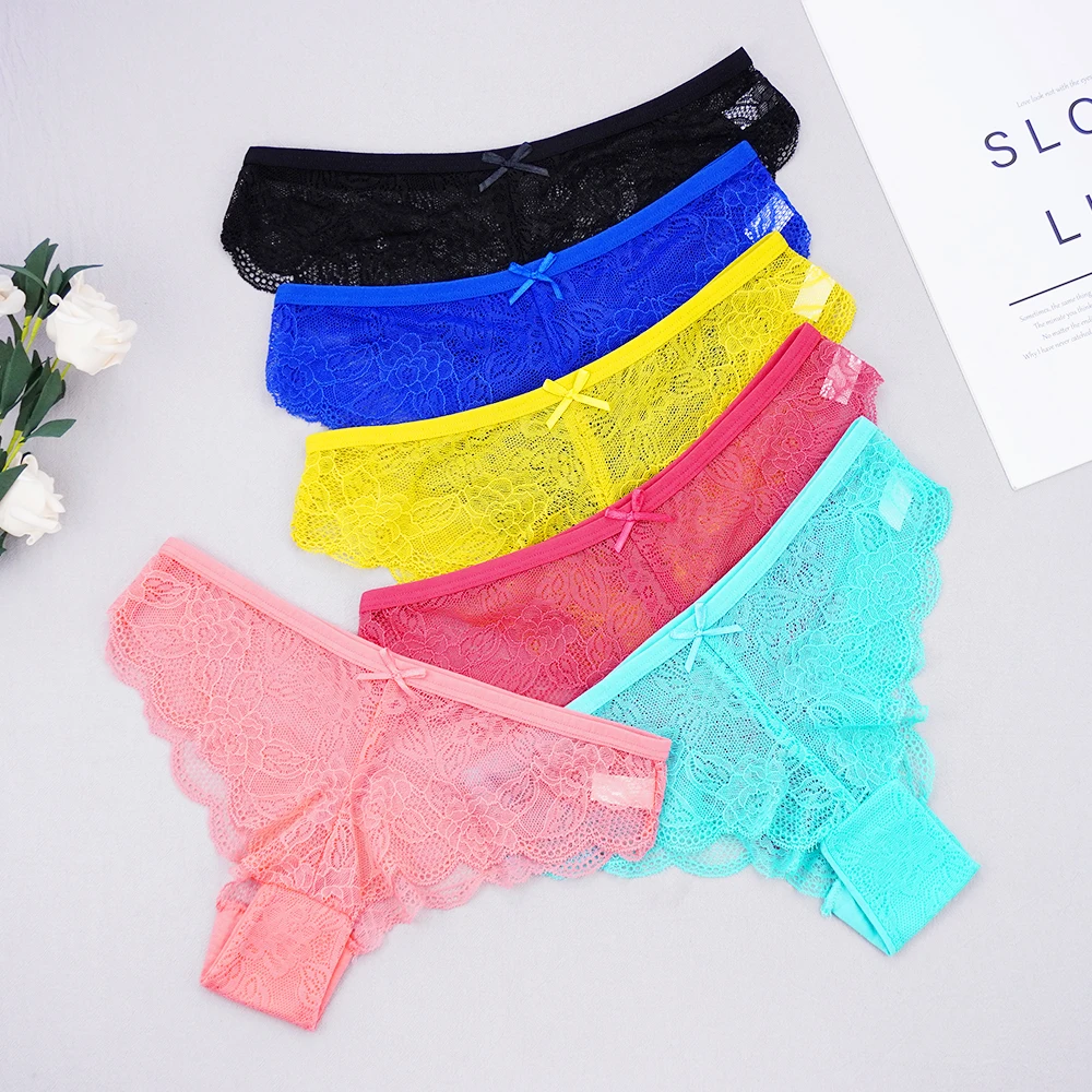 6 Pcs Lots Underwear Women Whollesale Sexy Lingerie Femme Full Lace Solid Color Cotton Panties with Bow Hollow Out Lady Briefs