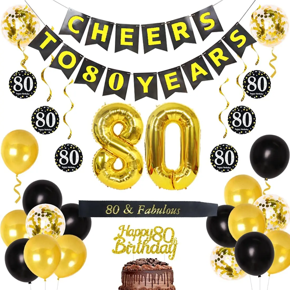 80th Birthday Decorations Black Gold 80 Year Old Birthday Party Supplies with Cheers to 80 Years Banner, 80th Hanging Swirls,