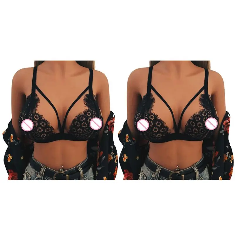 Women Sexy Deep V-Neck Cut Out Bralette Sheer Eyelash Floral Lace Black Bustier Backless Adjustable Straps Seamless Lingerie Bra