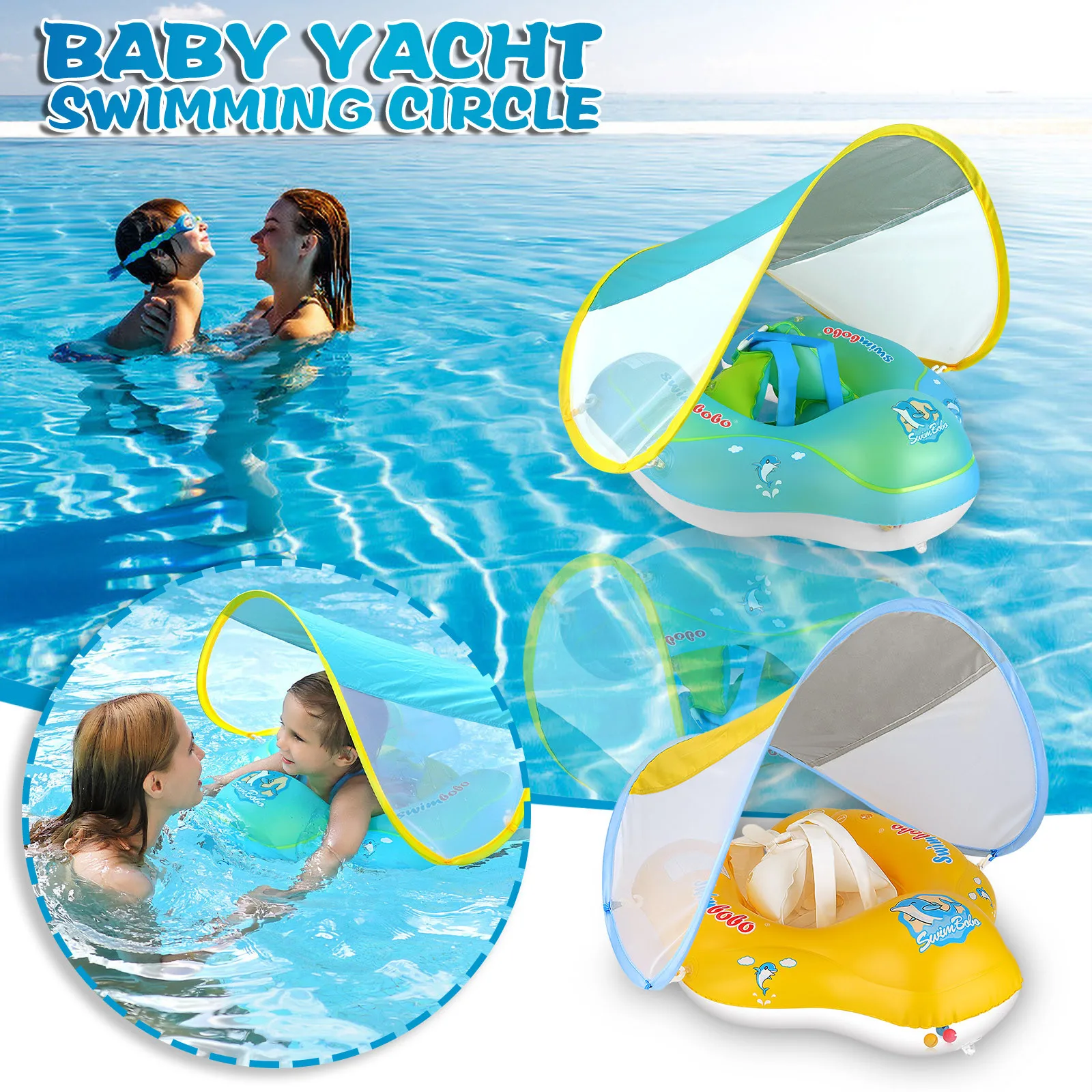 

Cartoons Inflatable Baby Lying Ring Swimming Float for Pool With Removable Sun Protection Canopy Bathing Summer Toddler Rings E2