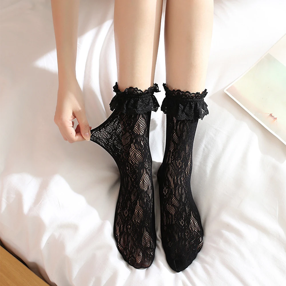 

Women Lace Ruffle Short Socks Soft Pleats Elastic Fishnet Frilly Embroidered Ankle Socks Princess Summer Lace Floral Socks