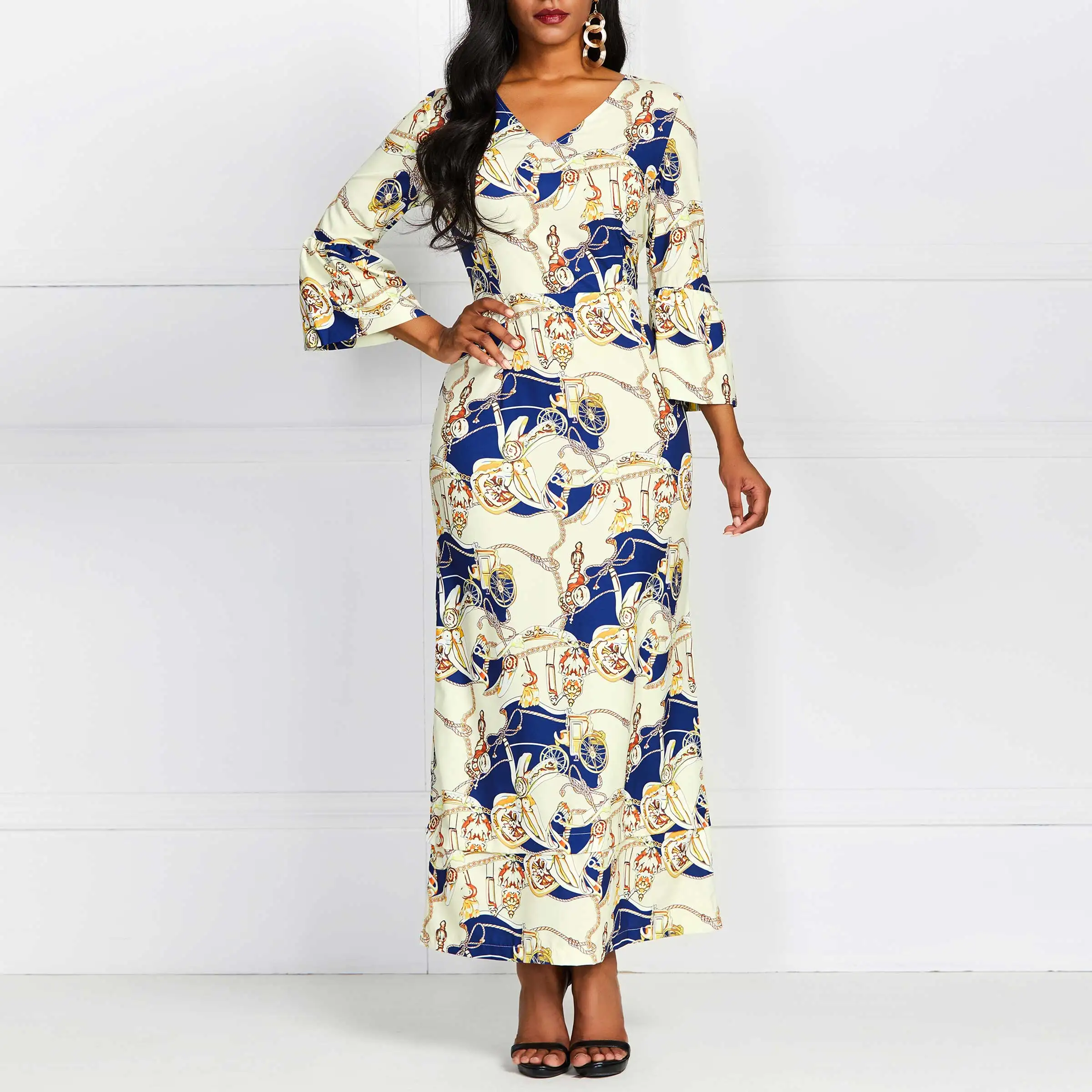 2019 модное платье макси с принтом женское v образным вырезом роскошное винтажное