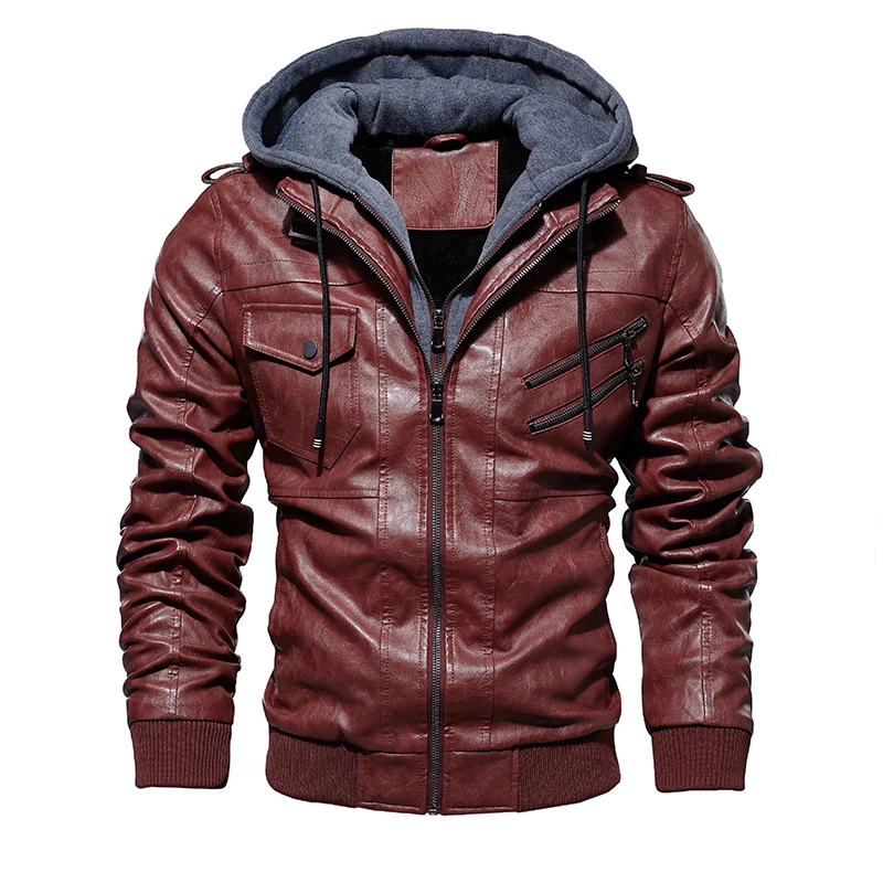 

Mens Leather Jacket 2020 New Motorcycle Bomber Jackets Men Winter Warm PU Leather Coat with Removable Hood Outerwear Jackets Men