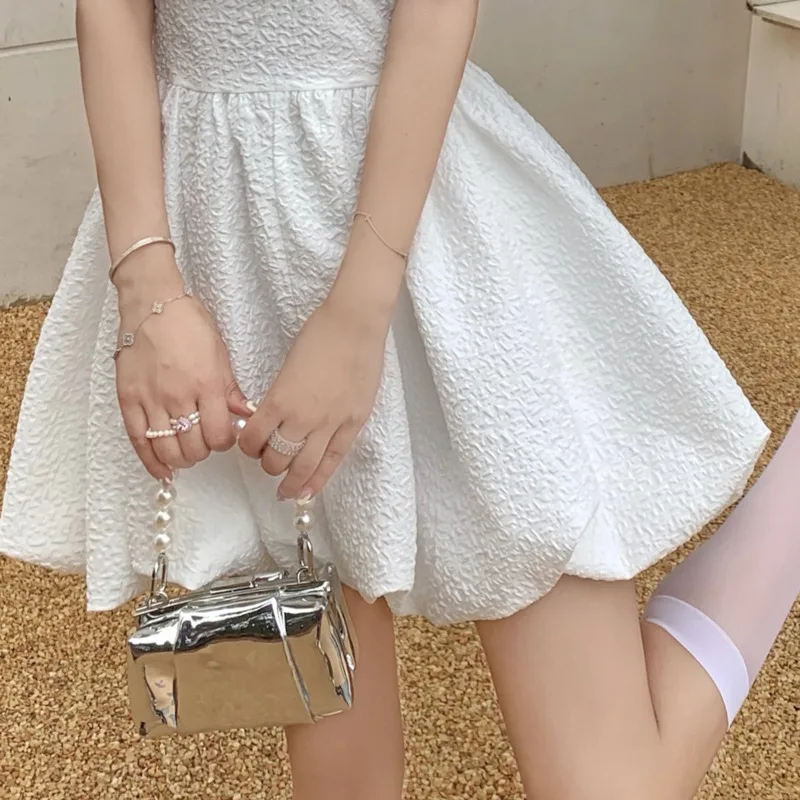

Square Collar Sweet Dress Summer Elegant Puff Sleeve Casual Mini Robe Korean Women Solid A Line Party Dresses Jacquard Vestidos