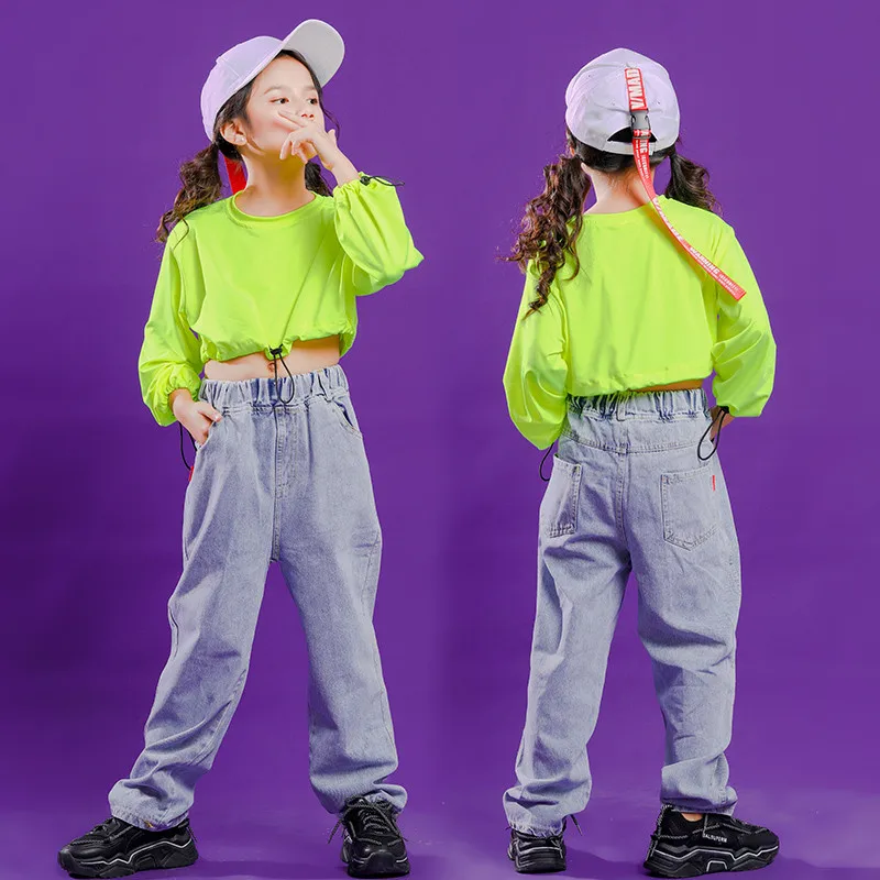 

Детская одежда в стиле хип-хоп костюм для танцев зеленый укороченный топ, Свитшот синие джинсы, штаны для девочек, одежда для джазовых танце...