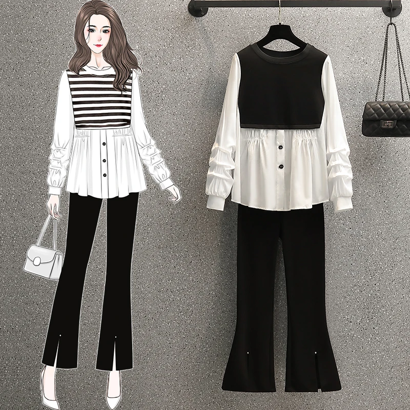 

2022 Spring Autumn Office Ladies Suits Women Black White Striped Patchwork Loose Shirt + Split Flare Pants Female Two Piece Set