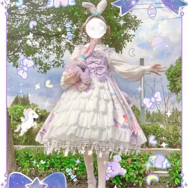 

Vintage Falbala High Waist Palace Sweet Princess Lolita Strap Dress Printing Victorian Dress Kawaii Girl Gothic Lolita Cos Loli