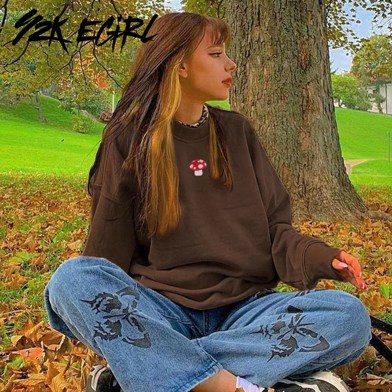 Y2K EGIRL 2000s эстетичная вышивка в виде грибов большие коричневые Топы индийская мода
