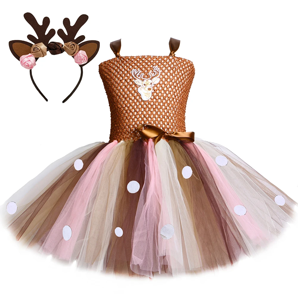 

Deer Tutu Dress for Girls Halloween Christmas Costume Kids Animal Elk Reindeer Cosplay Birthday Party Dress with Headband 1-12Y