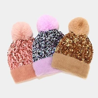 2021 new fashion womens plush hats fall winter warm bing sequins beanie skullies female fur pom pom hat bonnet beanie caps